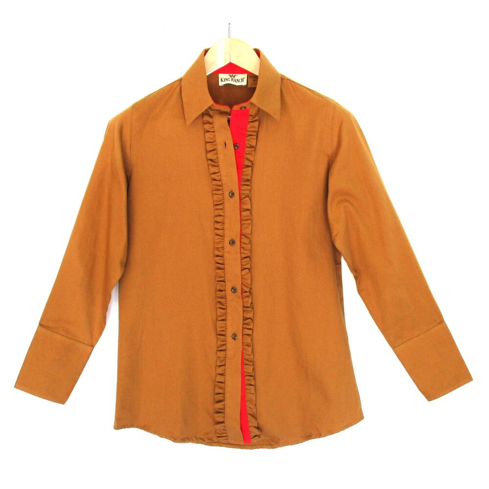 New KING RANCH Brown Ruffle Long Sleeve Button-Down Western Shirt Women Sz M